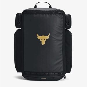 Under Armour UA Project Rock Duffle Backpack Bag Black Gold Gym 1376459-002